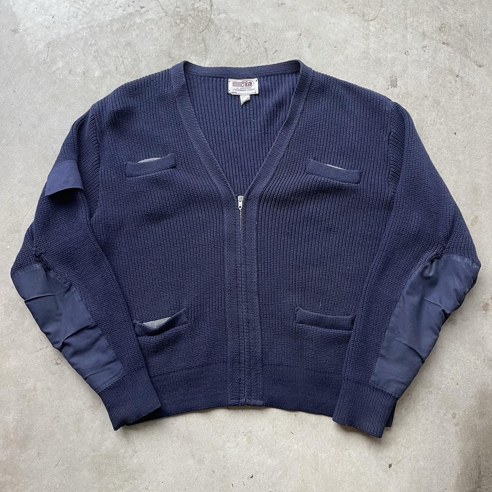 Vintage 70s Military Type Navy Reinforced Knit Sweater Grunge L USA Talon Zip